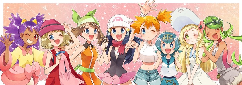 dawn, lillie, may, serena, misty, and 3 more (pokemon and 7 more) drawn by sasairebun