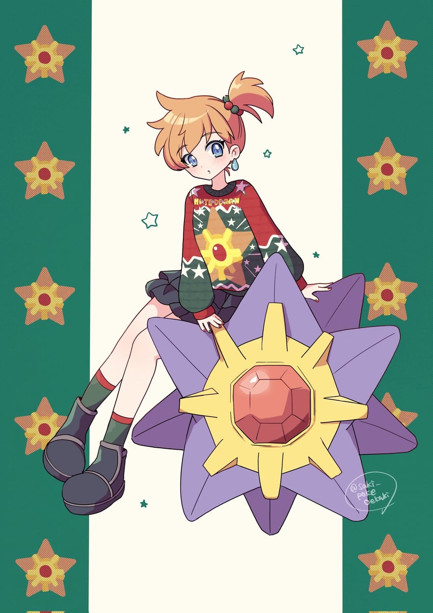 misty, staryu, and starmie (pokemon and 1 more) drawn by saki_pokeoekaki