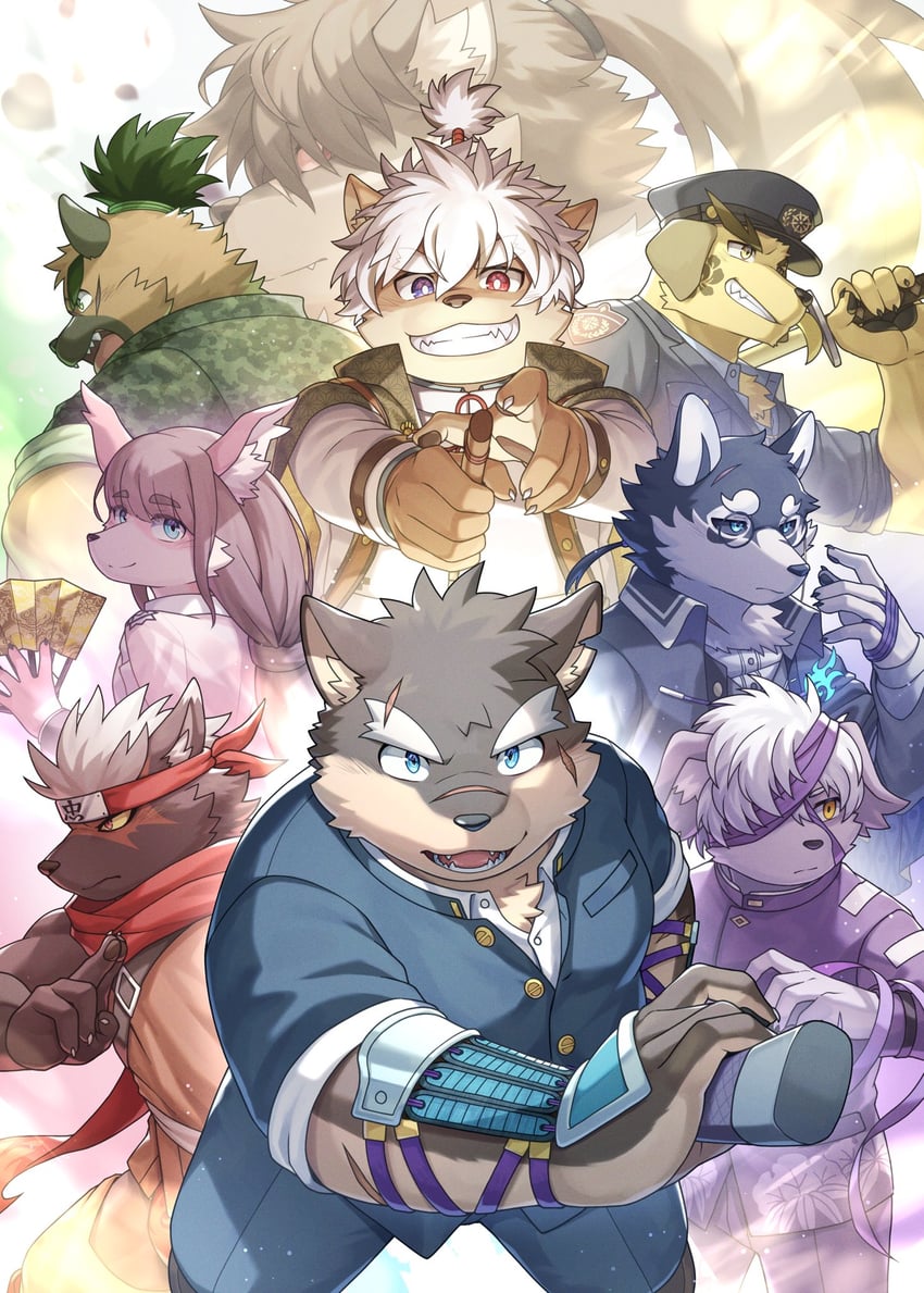 moritaka, yasuyori, tadatomo, shino, masanori, and 4 more (tokyo afterschool summoners) drawn by ponzu_tas