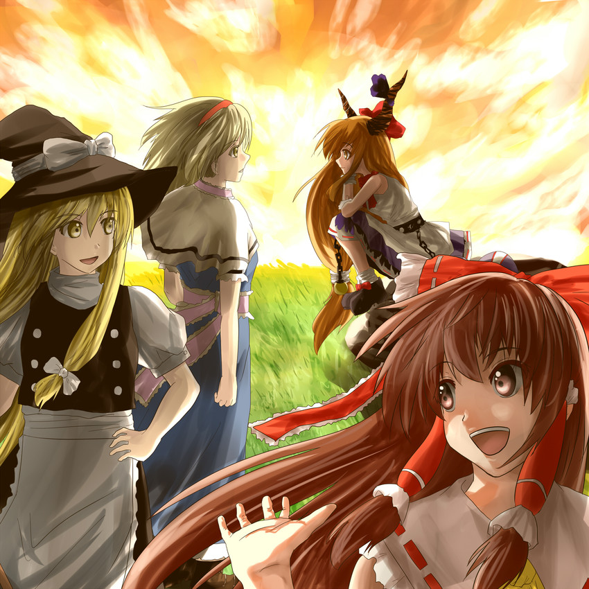 hakurei reimu, kirisame marisa, alice margatroid, and ibuki suika (touhou) drawn by 4hands and ao-shiba