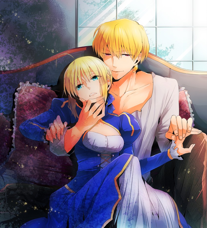 artoria pendragon, saber, and gilgamesh (fate and 1 more) drawn by irono_(irtyu)