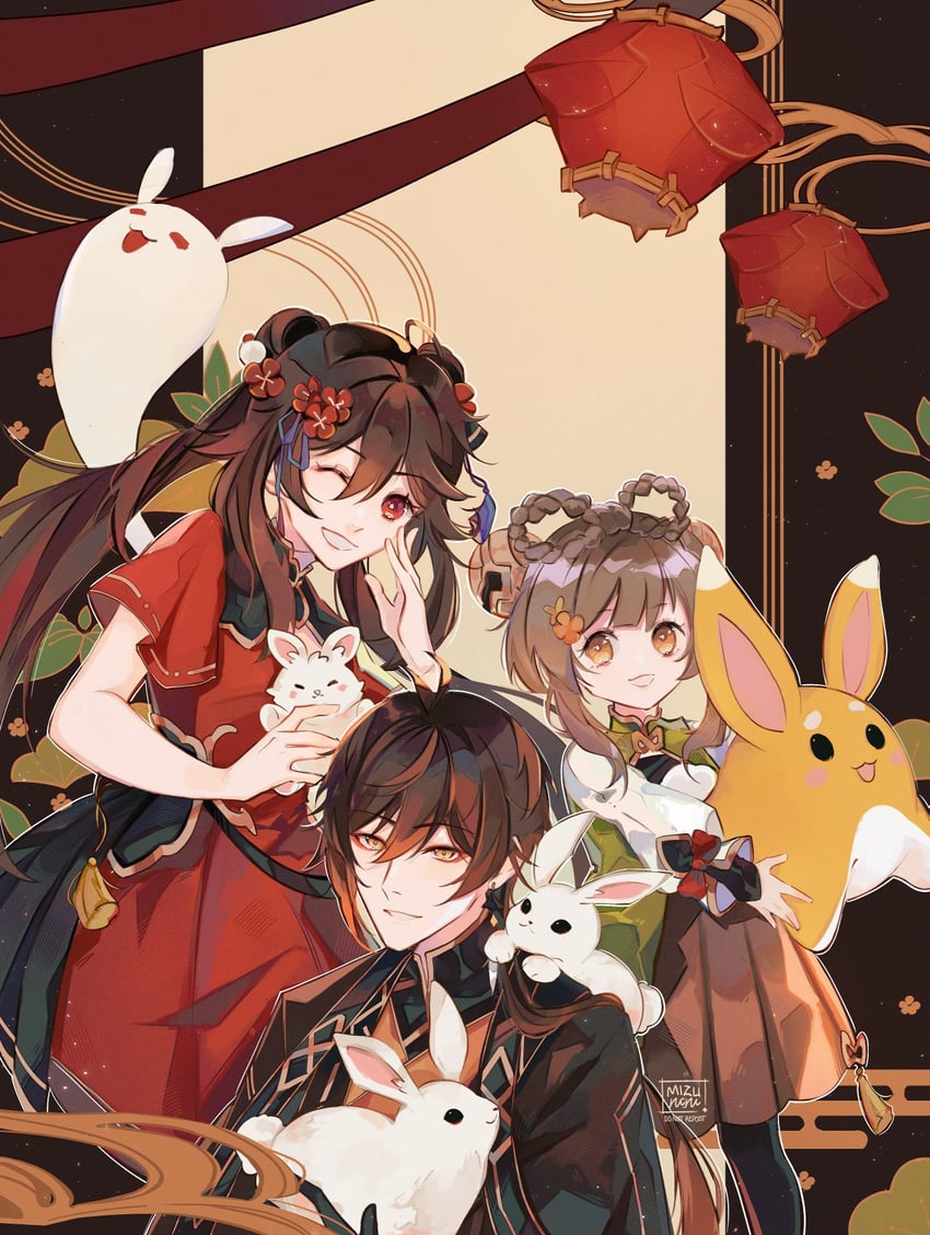 hu tao, zhongli, boo tao, yaoyao, and yuegui (genshin impact) drawn by mizururu