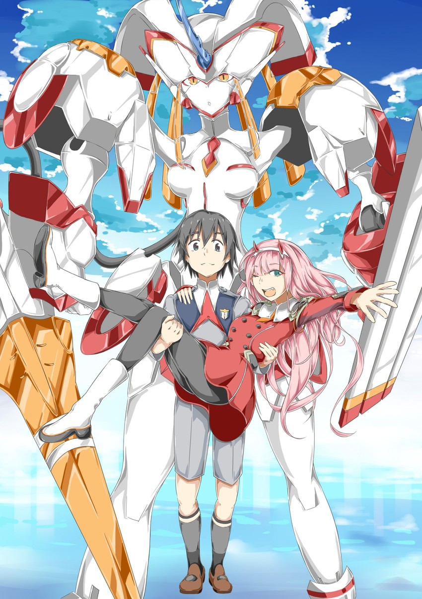 zero two, hiro, and strelizia (darling in the franxx) drawn by maru_sashi