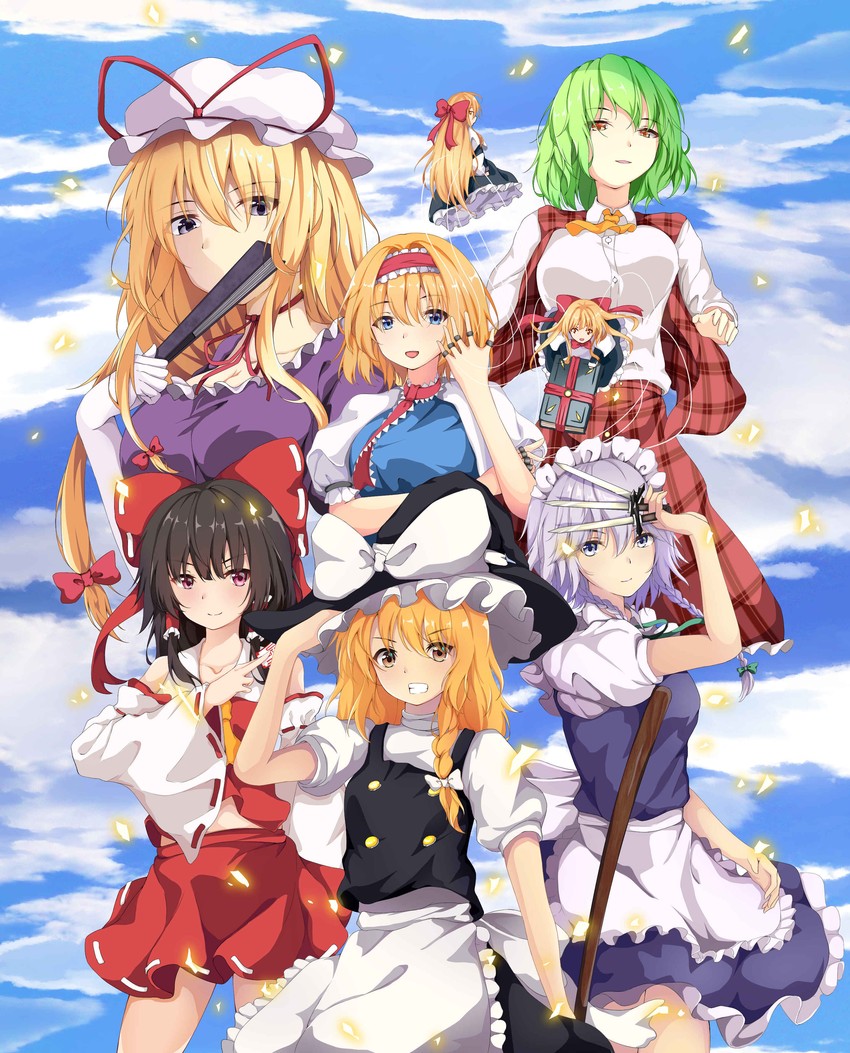 hakurei reimu, kirisame marisa, izayoi sakuya, alice margatroid, yakumo yukari, and 2 more (touhou) drawn by kogane_ringo