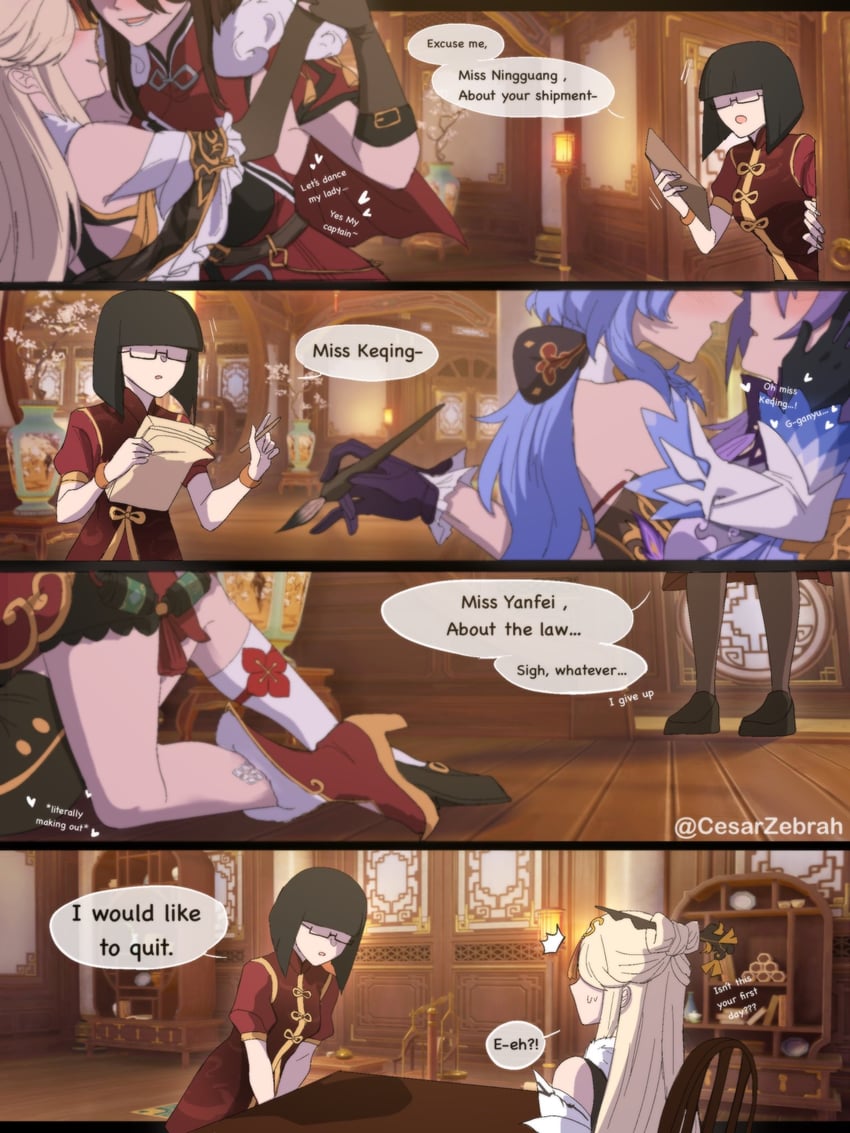 ganyu, hu tao, keqing, ningguang, yanfei, and 1 more (genshin impact) drawn by cesar_zebrah