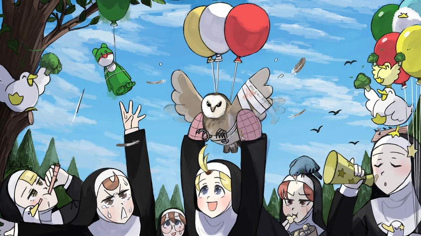 clumsy nun, froggy nun, spicy nun, glasses nun, hungry nun, and 1 more (little nuns) drawn by diva_(hyxpk)