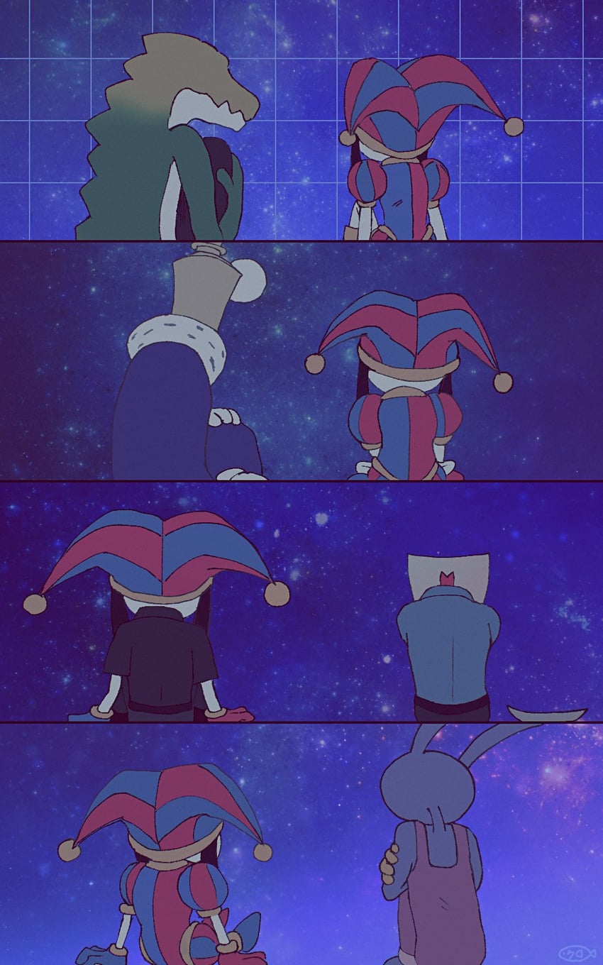 pomni, jax, gangle, kinger, and gummigoo (the amazing digital circus) drawn by s_k_y_2