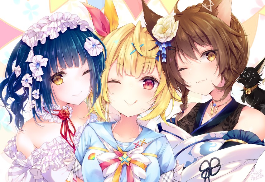 hoshikawa sara, yamagami karuta, and fumi (nijisanji) drawn by kabocha_usagi