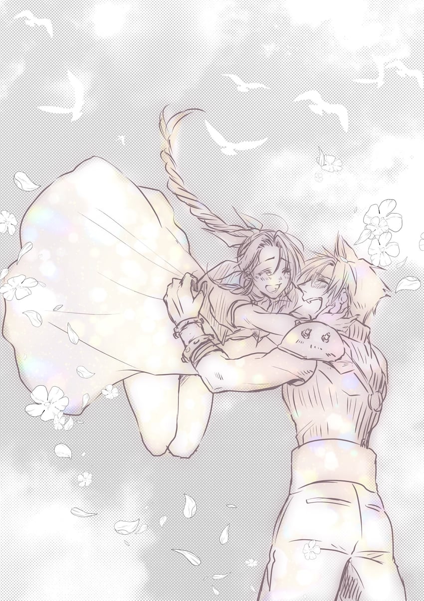 cloud strife and aerith gainsborough (final fantasy and 1 more) drawn by tokiokiyu
