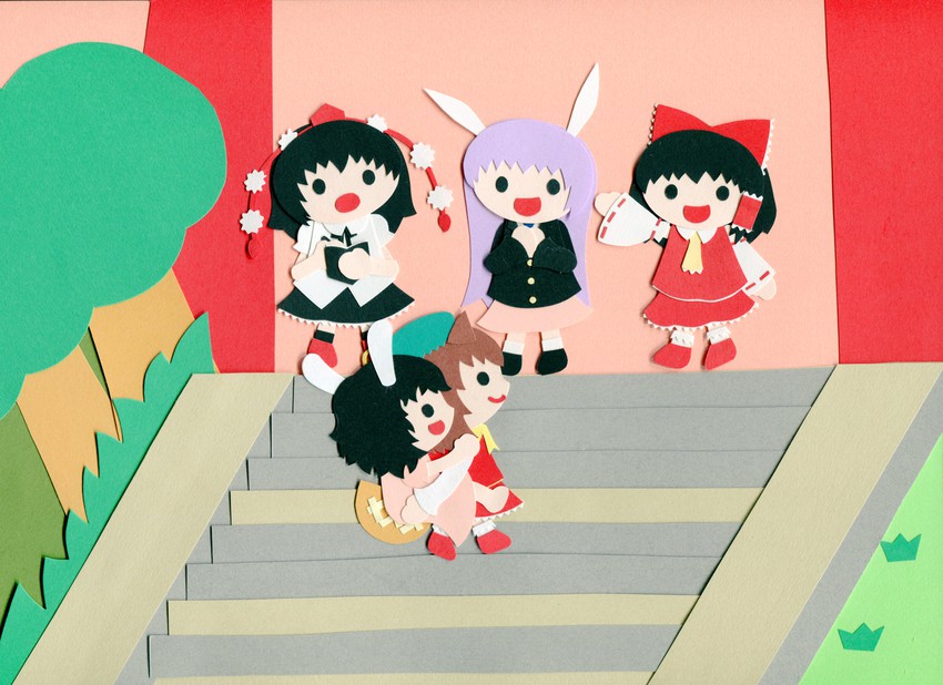 hakurei reimu, shameimaru aya, reisen udongein inaba, chen, and inaba tewi (touhou) drawn by poru_(tohopunk)