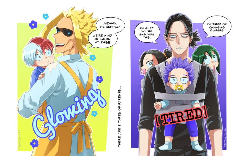 todoroki shoto, asui tsuyu, yaoyorozu momo, aizawa shota, yagi toshinori, and 1 more (boku no hero academia) drawn by trevo_(trevoshere)