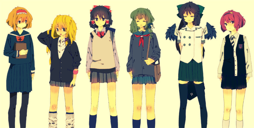 hakurei reimu, kirisame marisa, kochiya sanae, alice margatroid, komeiji satori, and 1 more (touhou) drawn by shippo_(skink)