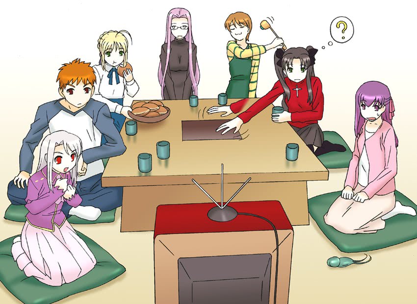 artoria pendragon, saber, tohsaka rin, illyasviel von einzbern, emiya shirou, and 3 more (fate and 1 more) drawn by potato_house