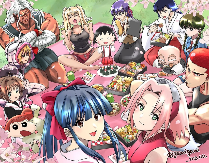 kinomoto sakura, matou sakura, haruno sakura, sakuragi hanamichi, shinguuji sakura, and 9 more (fate and 16 more) drawn by gamigami_maou_(artist)