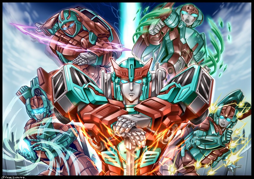 pyra magna, stormclash, skyburst, jumpstream, and dust up (transformers and 1 more) drawn by kamizono_(spookyhouse)