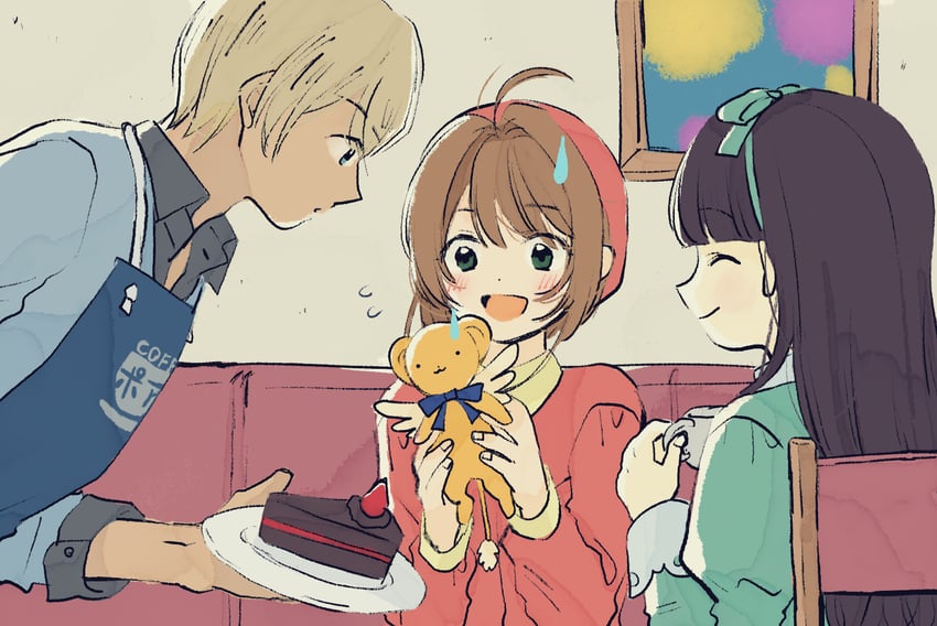 kinomoto sakura, kero, daidouji tomoyo, and amuro tooru (cardcaptor sakura and 1 more) drawn by zaki_yuki127