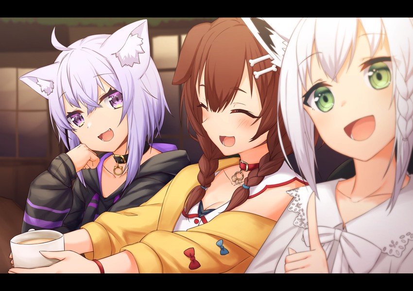 shirakami fubuki, nekomata okayu, and inugami korone (hololive) drawn by nishino_eri