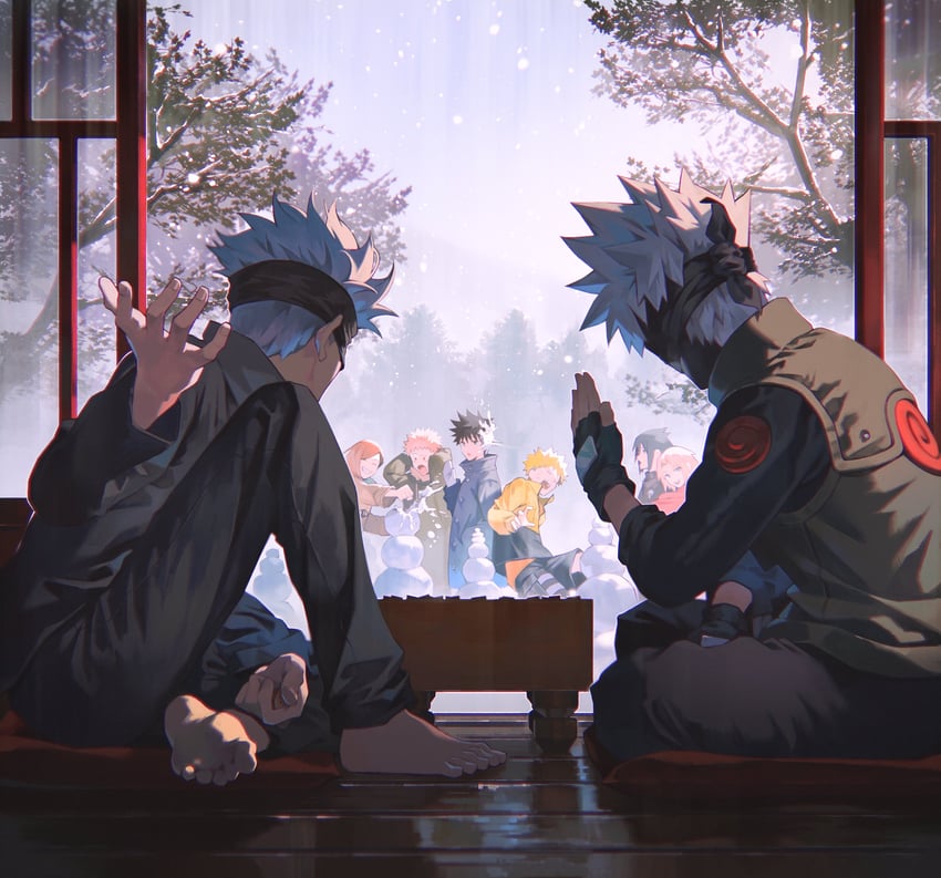 gojou satoru, haruno sakura, uzumaki naruto, uchiha sasuke, fushiguro megumi, and 2 more (jujutsu kaisen and 1 more) drawn by kyuuba_melo