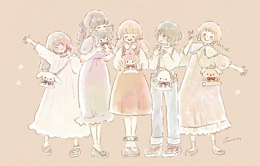 cinnamoroll, my melody, kuromi, pompompurin, and pochacco (sanrio and 2 more) drawn by momochy