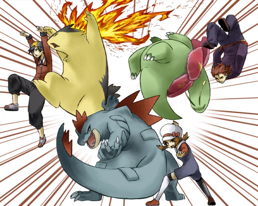 ethan, lyra, silver, typhlosion, feraligatr, and 1 more (pokemon and 1 more) drawn by agakunoda