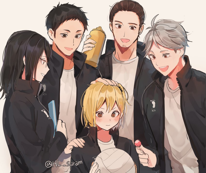 sawamura daichi, shimizu kiyoko, yachi hitoka, sugawara koushi, and azumane asahi (haikyuu!!) drawn by joman