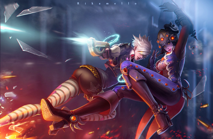 tracer, widowmaker, ultraviolet tracer, and comtesse widowmaker (overwatch and 1 more) drawn by rikamello