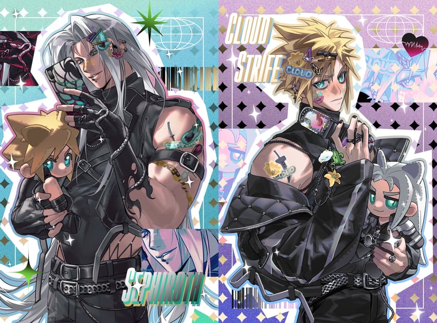 cloud strife, sephiroth, and sabotender (final fantasy and 1 more) drawn by recalderzhi