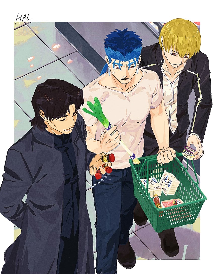 gilgamesh, cu chulainn, and kotomine kirei (fate and 1 more) drawn by hal_(haaaalhal)