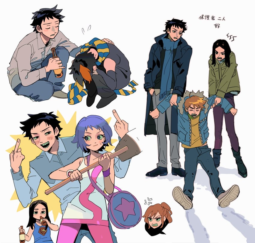 scott pilgrim, wallace wells, ramona flowers, knives chau, envy adams, and 1 more (dc comics and 2 more) drawn by miyage_no_nukegara