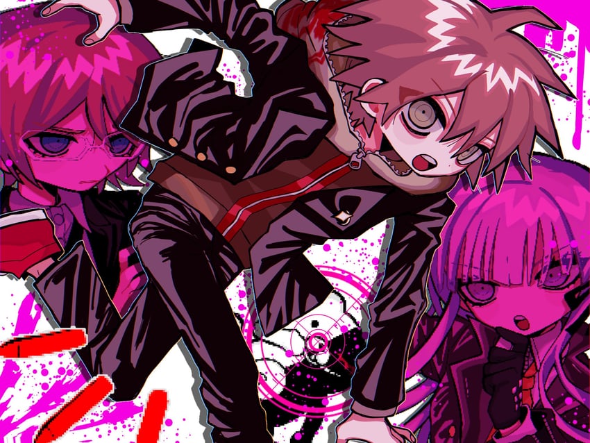 kirigiri kyoko, monokuma, naegi makoto, and togami byakuya (danganronpa and 1 more) drawn by kobanzame_omo