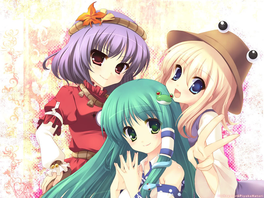 kochiya sanae, moriya suwako, and yasaka kanako (touhou) drawn by hatori_piyoko