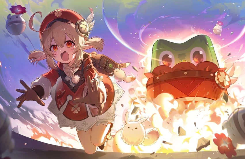 klee and duo (genshin impact and 1 more) drawn by hisiya_(wldn1112)