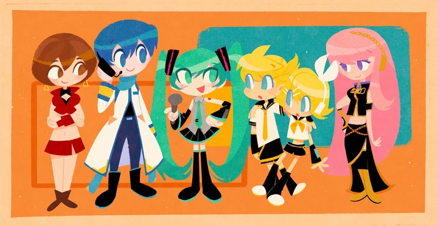 hatsune miku, kagamine rin, kagamine len, megurine luka, kaito, and 1 more (vocaloid) drawn by elekilokal