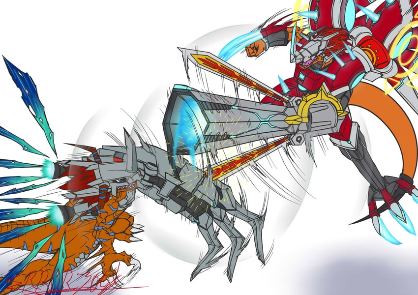 metalgreymon x-antibody and rizegreymon x-antibody (digimon) drawn by errork03