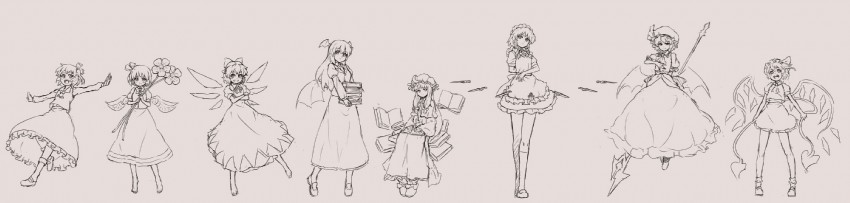 remilia scarlet, flandre scarlet, izayoi sakuya, cirno, patchouli knowledge, and 3 more (touhou) drawn by shibasaki_shouji
