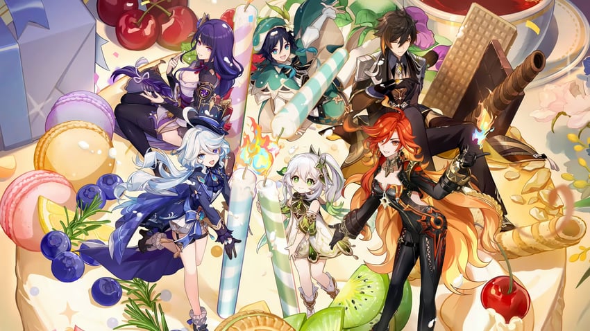 raiden shogun, furina, nahida, zhongli, venti, and 1 more (genshin impact)