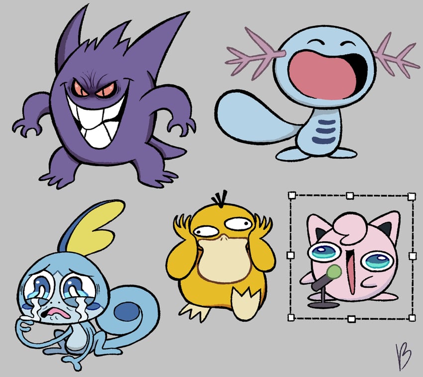 gengar, jigglypuff, sobble, psyduck, and wooper (pokemon) drawn by roxlyn166