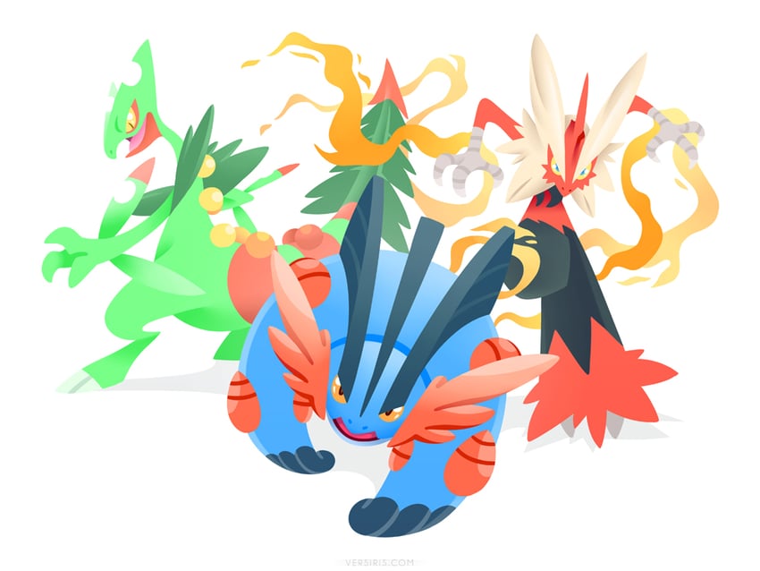 blaziken, sceptile, swampert, mega blaziken, mega sceptile, and 1 more (pokemon) drawn by versiris