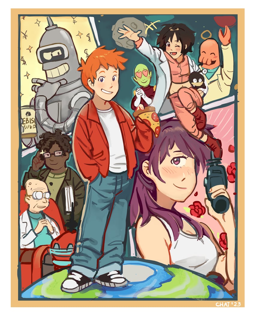bender bending rodriguez, philip j fry, turanga leela, amy wong, john a zoidberg, and 4 more (futurama) drawn by pcholkachai