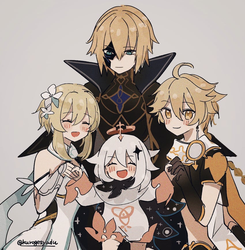 lumine, aether, paimon, and dainsleif (genshin impact) drawn by kuromu_shado