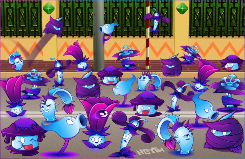 shadow peashooter, grimrose, moonflower, nightshade, dusk lobber, and 2 more (plants vs. zombies and 1 more) drawn by ngtth