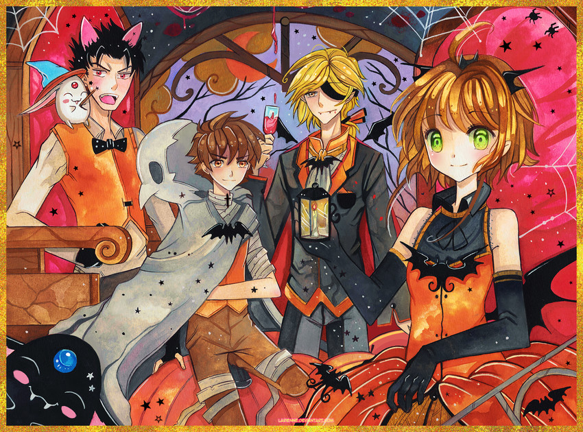 mokona, sakura hime, xiaolang, fai d. flowright, and kurogane (tsubasa chronicle) drawn by larienne