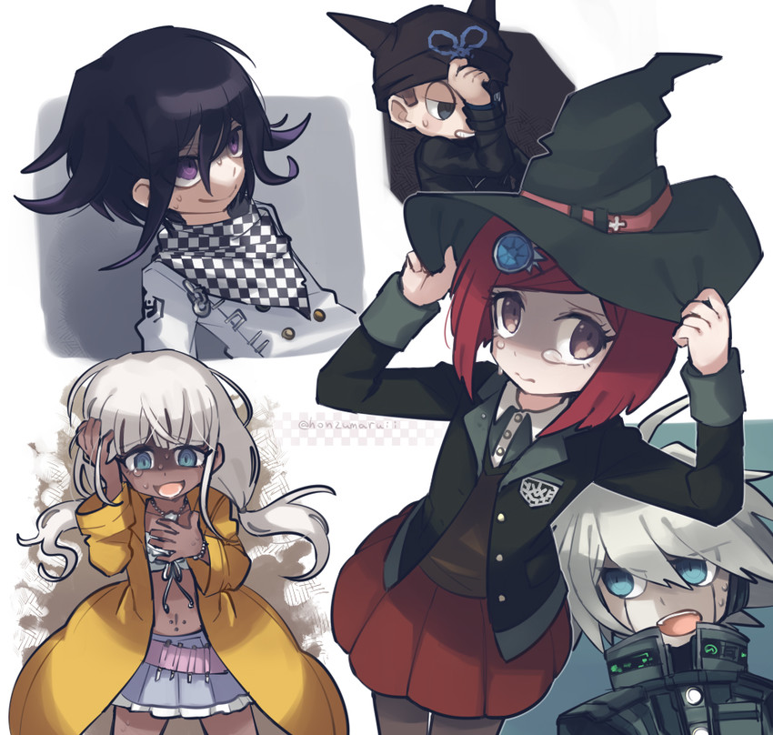 oma kokichi, yumeno himiko, yonaga angie, k1-b0, and hoshi ryoma (danganronpa and 1 more) drawn by honzumaru