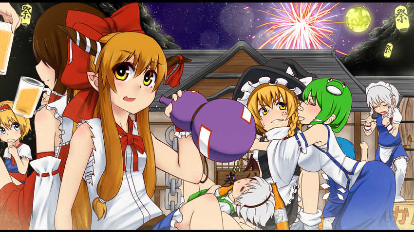 hakurei reimu, kirisame marisa, remilia scarlet, flandre scarlet, izayoi sakuya, and 5 more (touhou) drawn by mantarou_(shiawase_no_aoi_tori)