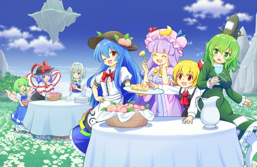 izayoi sakuya, patchouli knowledge, rumia, hinanawi tenshi, daiyousei, and 2 more (touhou) drawn by yoruniwa