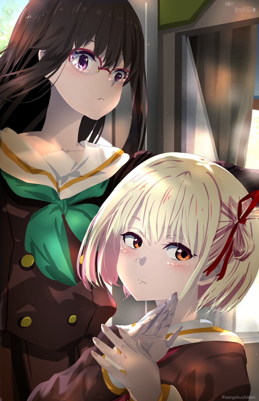 nishikigi chisato, inoue takina, and tanaka asuka (lycoris recoil and 1 more) drawn by sengoku_chidori