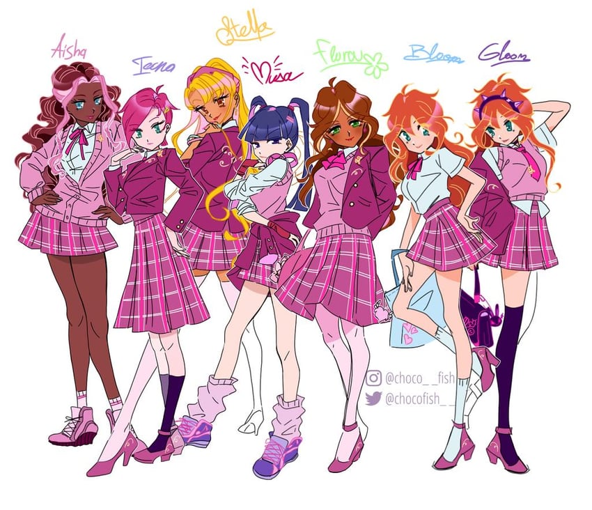 bloom, stella, flora, musa, aisha, and 2 more (winx club) drawn by chocofish