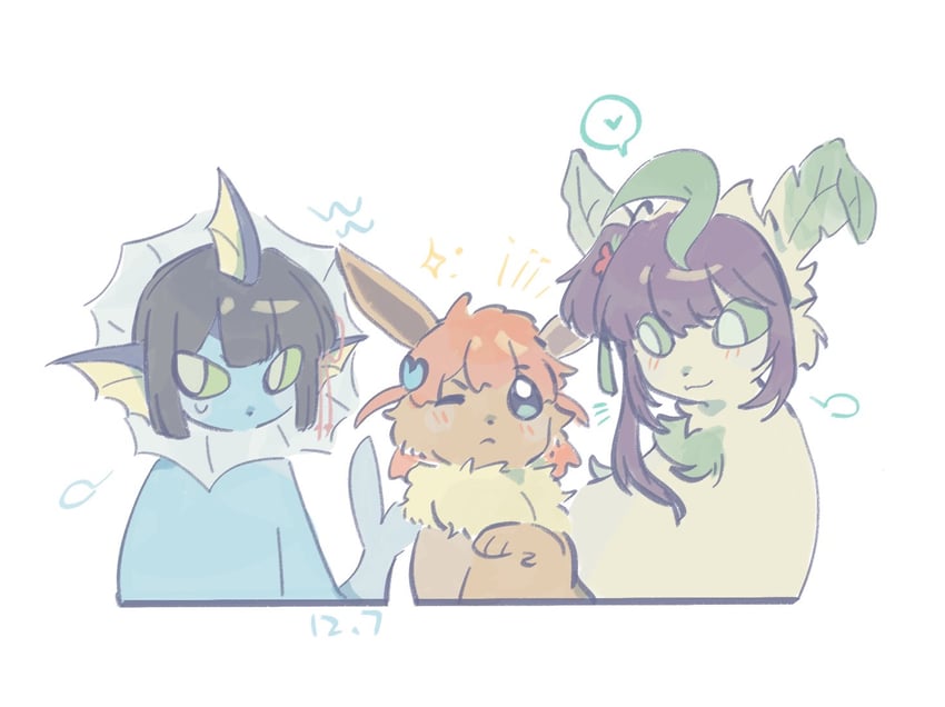 hinoshita kaho, otomune kozue, eevee, momose ginko, vaporeon, and 1 more (pokemon and 2 more) drawn by woodonly