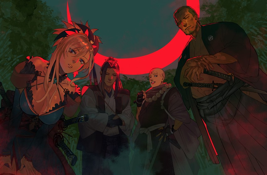 miyamoto musashi, sasaki kojirou, yagyuu munenori, and houzouin inshun (fate and 1 more) drawn by jojo_sono