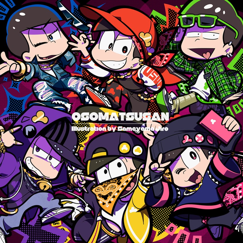 matsuno osomatsu, matsuno karamatsu, matsuno ichimatsu, matsuno jyushimatsu, matsuno choromatsu, and 1 more (osomatsu and 1 more) drawn by sameyama_jiro